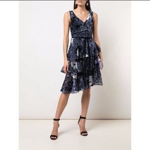 NEW Marchesa Notte Asymmetrical Floral Velvet Dress Tiered Burnout Chiff…